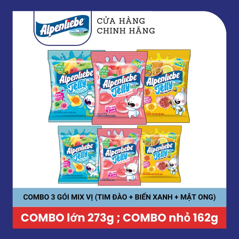 Ảnh COMBO Kẹo dẻo có nhân Alpenliebe hương trái cây hỗn hợp Biển Xanh Long Lanh, Ong Óng Ánh và Tim Đào Ngọt Ngào 1