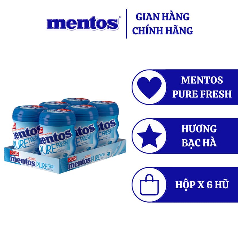 Ảnh Sing gum không đường Mentos Pure Fresh hương bạc hà (hộp 6 hủ) 3