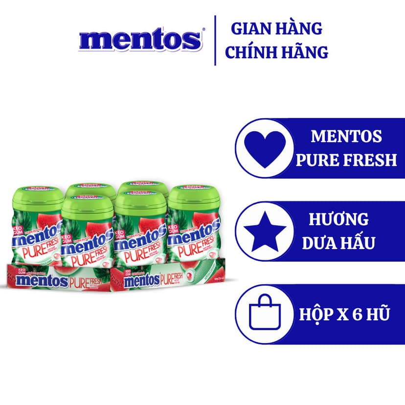 Ảnh Sing gum không đường Mentos Pure Fresh hương bạc hà (hộp 6 hủ) 2