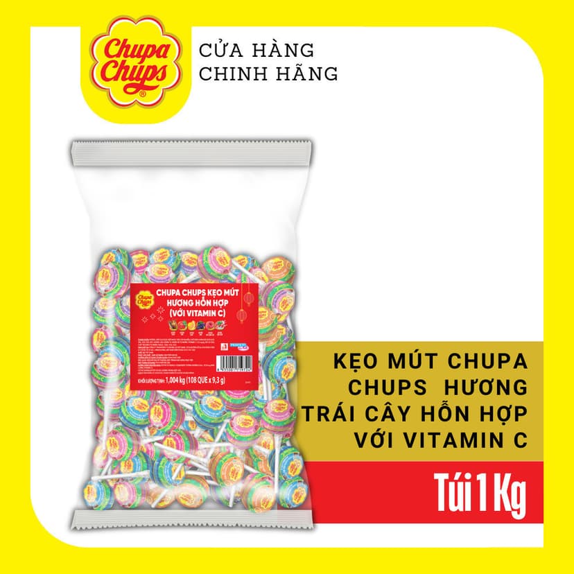 Ảnh Kẹo mút Chupa Chups Hương trái cây hỗn hợp (Gói 60 que), kẹo mút tô màu lưỡi hương Dâu và Cola (Gói 58 que) 2