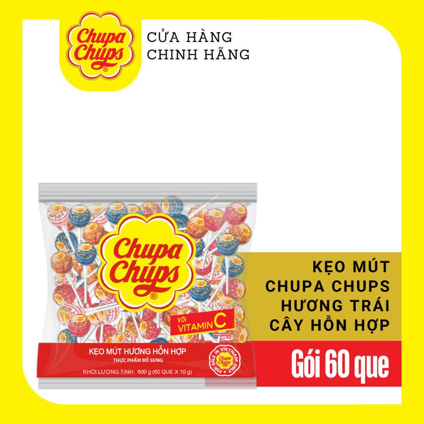 Ảnh Kẹo mút Chupa Chups Hương trái cây hỗn hợp (Gói 60 que), kẹo mút tô màu lưỡi hương Dâu và Cola (Gói 58 que) 1