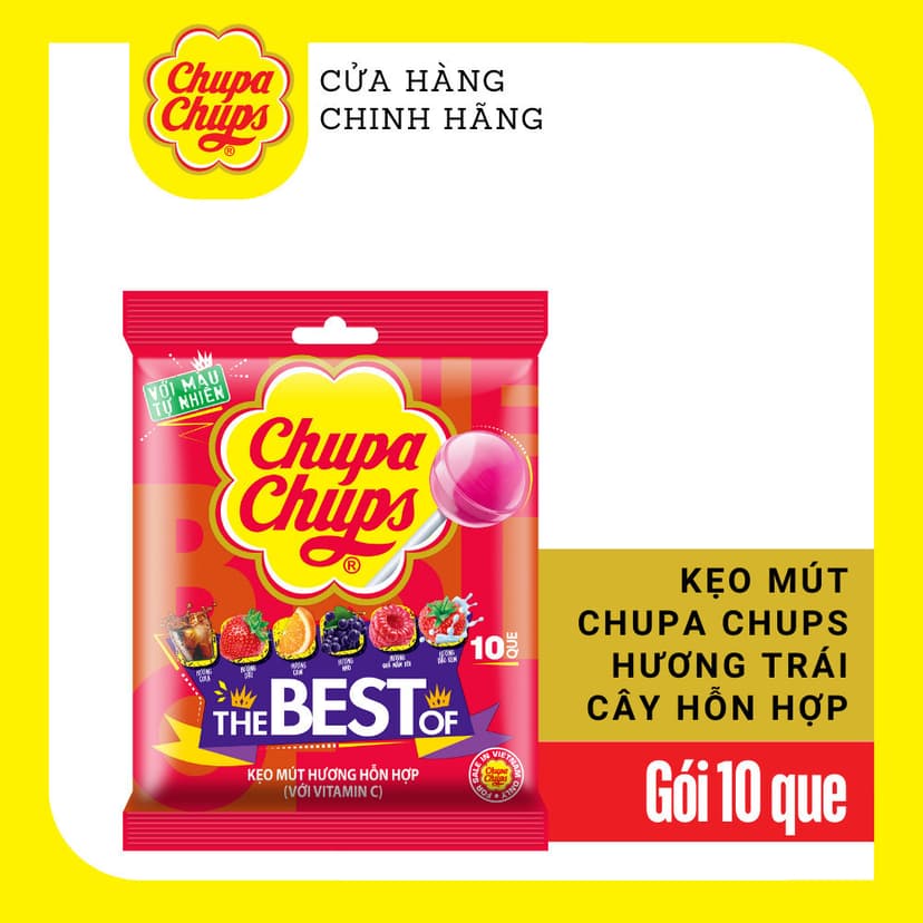 Ảnh Kẹo mút Chupa Chups (Gói 10 que) Hương trái cây hỗn hợp và kẹo mút tô màu lưỡi hương Dâu và Cola 1