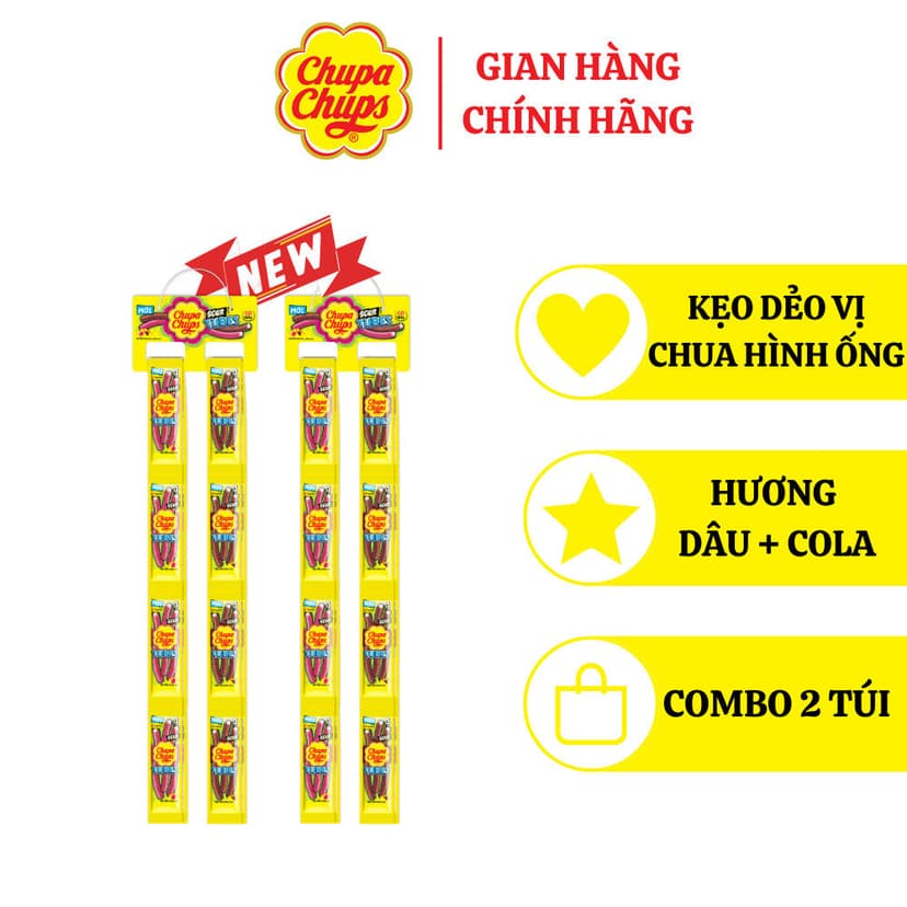 Ảnh COMBO Hộp Kẹo dẻo vị chua Chupa Chups hương trái cây hỗn hợp và dạng ống Hương Dâu và Cola 2