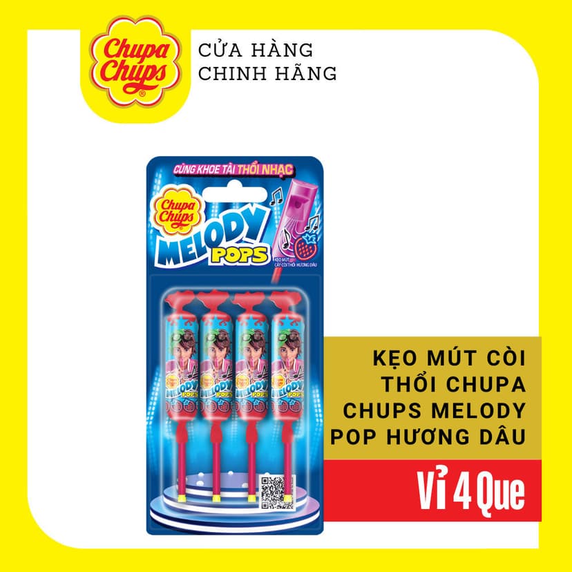Ảnh Kẹo mút còi thổi giai điệu Chupa Chups hương dâu (Vỉ 4 que) 1