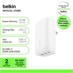 Thumbnail Sạc nhanh Belkin BoostCharge 67W USB-C PD PPS 3 cổng - sạc nhanh đồng thời cho điện thoại, laptop và máy tính bảng 1