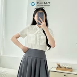 Thumbnail Áo sơ mi nữ trắng tay ngắn kiểu túi đắp cổ đắp chèo hình nơ vải lụa mềm mát thời trang GUMAC LAE0815 2