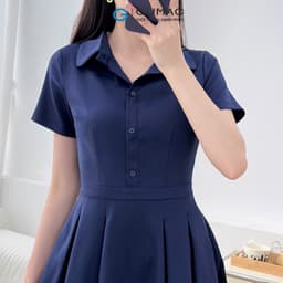 Thumbnail Đầm nữ A xòe xếp ly thiết kế kiểu sơ mi lá sen nẹp nút giả đính nút có túi thời trang GUMAC LDF0323 3