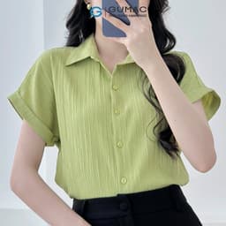 Thumbnail Áo sơ mi nữ kiểu tay liền vải lụa xốp màu hồng, be dáng suông lai lật thời trang GUMAC LAE1032 4