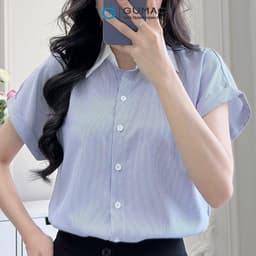 Thumbnail Áo sơ mi nữ sọc xanh vải cotton mềm mịn thoáng khí tay liền cổ phối thời trang GUMAC LAF0322 3