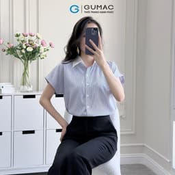 Thumbnail Áo sơ mi nữ sọc xanh vải cotton mềm mịn thoáng khí tay liền cổ phối thời trang GUMAC LAF0322 2