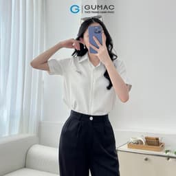 Thumbnail Áo sơ mi nữ trắng sọc có hình thêu kiểu gấp lai tay lá cổ nhọn vải kate mềm thời trang GUMAC LAF0520 2