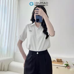 Thumbnail Áo sơ mi nữ trắng sọc có hình thêu kiểu gấp lai tay lá cổ nhọn vải kate mềm thời trang GUMAC LAF0520 1