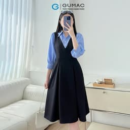 Thumbnail Đầm nữ form A xòe kiểu tay dài phối sọc xanh vải cotton mềm mát có túi thời trang GUMAC LDF0304 2