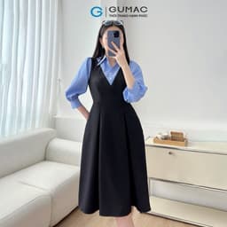 Thumbnail Đầm nữ form A xòe kiểu tay dài phối sọc xanh vải cotton mềm mát có túi thời trang GUMAC LDF0304 4