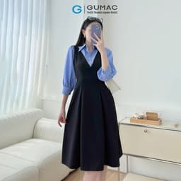 Thumbnail Đầm nữ form A xòe kiểu tay dài phối sọc xanh vải cotton mềm mát có túi thời trang GUMAC LDF0304 1