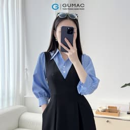 Thumbnail Đầm nữ form A xòe kiểu tay dài phối sọc xanh vải cotton mềm mát có túi thời trang GUMAC LDF0304 3