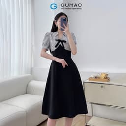 Thumbnail Đầm nữ A kiểu phối sọc đen đính nơ tiểu thư vải cotton lạnh mềm mát thời trang GUMAC LDE1101 4