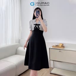 Thumbnail Đầm nữ A kiểu phối sọc đen đính nơ tiểu thư vải cotton lạnh mềm mát thời trang GUMAC LDE1101 3