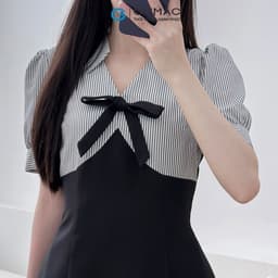 Thumbnail Đầm nữ A kiểu phối sọc đen đính nơ tiểu thư vải cotton lạnh mềm mát thời trang GUMAC LDE1101 2
