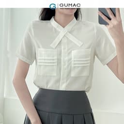 Thumbnail Áo sơ mi nữ trắng tay ngắn kiểu túi đắp cổ đắp chèo hình nơ vải lụa mềm mát thời trang GUMAC LAE0815 3
