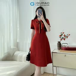 Thumbnail Đầm A nẹp tay phối nơ cổ thanh lịch thiết kế công sở đi chơi dạo phố thời trang GUMAC LDE0614 2