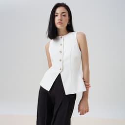 Thumbnail RECHIC Áo kiểu Sally sát nách trơn chiết eo xẻ tà áo cổ tròn thanh lịch 1