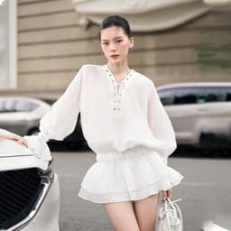 Thumbnail RECHIC Đầm trễ vai Vincent thắt dây ngực bèo váy tầng sang trọng 1