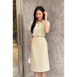 Thumbnail Áo sơ mi nữ ngắn tay cổ đức diễu chỉ phối chân váy bút chì dáng dài VIEN TRAN V61H24H003 V61H24H003 3