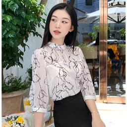 Thumbnail Áo Sơ Mi Nữ Cổ Tàu Tròn Mí Ngực LAMER Áo Công Sở Nữ Tay Lỡ Dáng Suông Hoạ Tiết Thanh Lịch O61B24Q003 3
