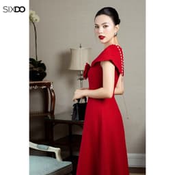Thumbnail Đầm đỏ xòe cổ tim phối hoa SIXDO (Red Woven Flared Dress With Flower) 4