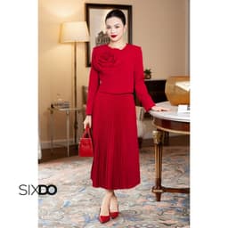 Thumbnail Chân váy tuýt xi dáng xòe xếp li SIXDO (Red Pleated Tuytsi Flared Skirt) 3