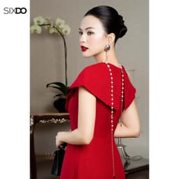 Thumbnail Đầm đỏ xòe cổ tim phối hoa SIXDO (Red Woven Flared Dress With Flower) 3