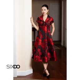 Thumbnail Đầm gấm đen hoa đỏ dáng xòe ngắn tay SIXDO (Black Brocade Flared Dress) 3