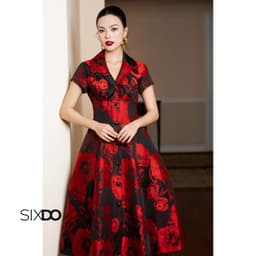 Thumbnail Đầm gấm đen hoa đỏ dáng xòe ngắn tay SIXDO (Black Brocade Flared Dress) 2