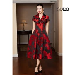 Thumbnail Đầm gấm đen hoa đỏ dáng xòe ngắn tay SIXDO (Black Brocade Flared Dress) 1