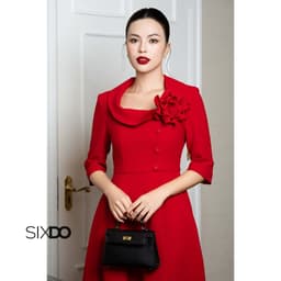 Thumbnail Đầm woven đỏ dáng xòe phối hoa 3D SIXDO (Red Woven Flared Dress With Flower) 2