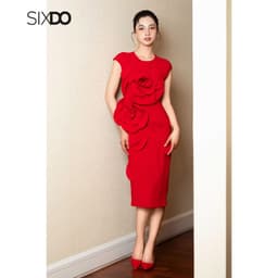 Thumbnail Đầm ôm bút chì hoa 3D SIXDO (Red 3D Flower Woven Pencil Dress) 1