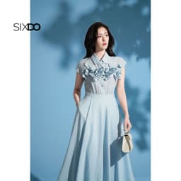 Thumbnail Đầm xoè xanh cổ đức phối hoa 3D SIXDO (Light Blue 3D Flower Organza Flared Dress) 2