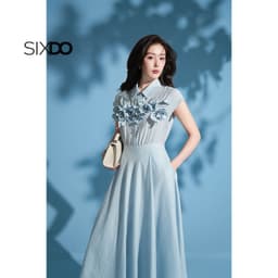 Thumbnail Đầm xoè xanh cổ đức phối hoa 3D SIXDO (Light Blue 3D Flower Organza Flared Dress) 3