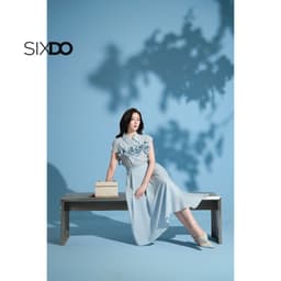 Thumbnail Đầm xoè xanh cổ đức phối hoa 3D SIXDO (Light Blue 3D Flower Organza Flared Dress) 4