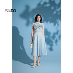 Thumbnail Đầm xoè xanh cổ đức phối hoa 3D SIXDO (Light Blue 3D Flower Organza Flared Dress) 1