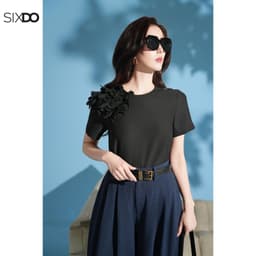 Thumbnail Áo đen nữ cộc tay hoa 3D SIXDO (Black 3D Flower Woven Blouse) 2