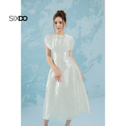 Thumbnail Đầm gấm sát nách cánh tay xẻ SIXDO (Off White Brocade Midi Dress) 3