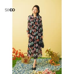 Thumbnail Đầm suông hoa chiffon cổ thắt nơ SIXDO (Black Floral Chiffon Loose Dress) 2