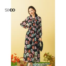 Thumbnail Đầm suông hoa chiffon cổ thắt nơ SIXDO (Black Floral Chiffon Loose Dress) 1