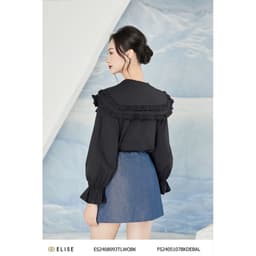 Thumbnail Áo sơ mi thô đen cổ viền bèo thiết kế Elise ES2408093TLWOBK 1