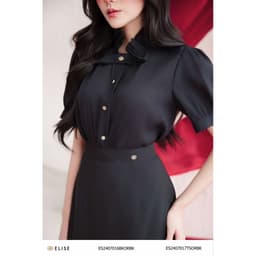 Thumbnail Áo sơ mi tơ nhăn đen xếp cổ nhún thiết kế Elise ES2407017TSORBK 1