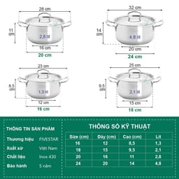 Thumbnail Nồi inox 3 đáy sandwich inox 430 cao cấp Fivestar Standard bếp từ nắp kính (16cm -24cm) 4