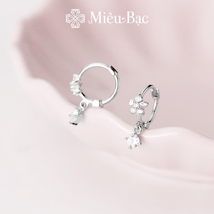 Ảnh Bông tai bạc nữ Miêu Bạc khuyên tai hoa 5 cánh đính đá 2 màu 1 chiếc chất liệu bac 925 phụ kiện trang sức nữ MB28 3