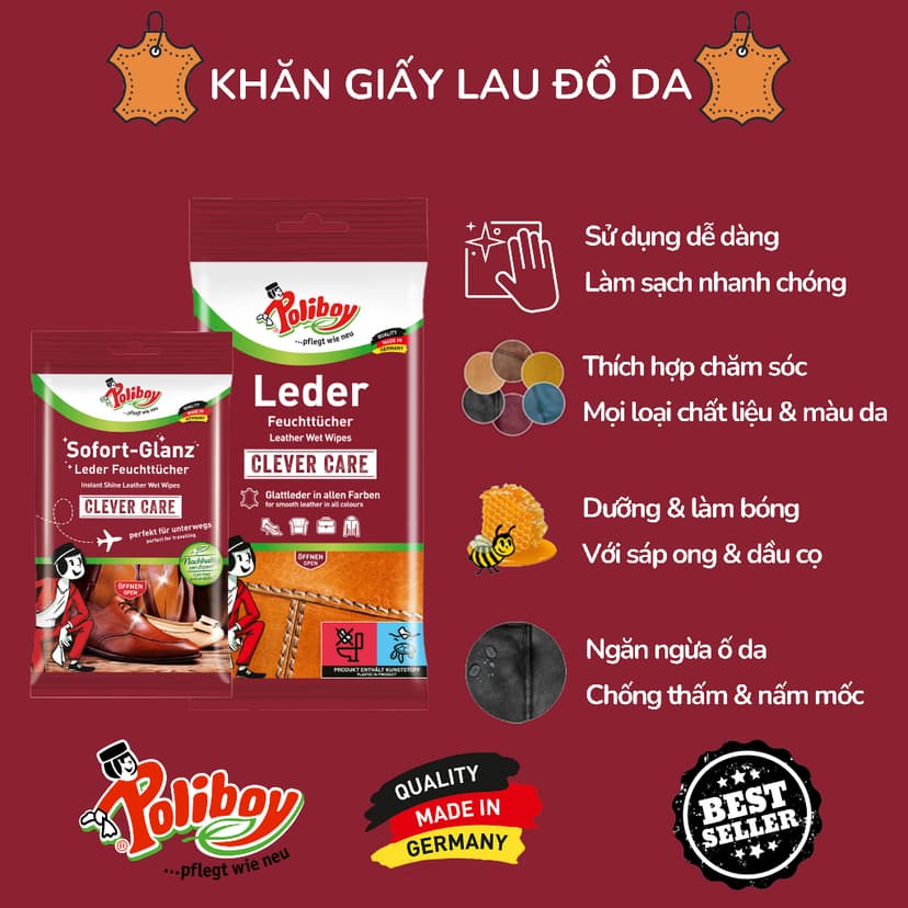 Ảnh Khăn Ướt Lau Túi Da, Giày Da POLIBOY Tẩy Mốc Túi Da, Đánh Bóng Đồ Da, Chống Mốc Túi Da, Xi Đánh Giầy Da, Dưỡng Túi Da 2